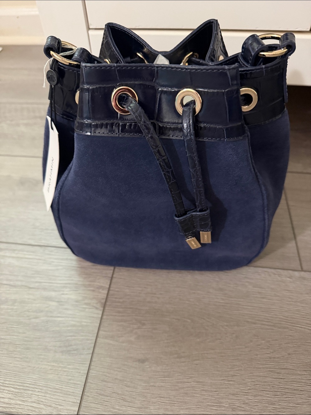 Brahmin Navy Suede and Leather Drawstring Crossbody Bag